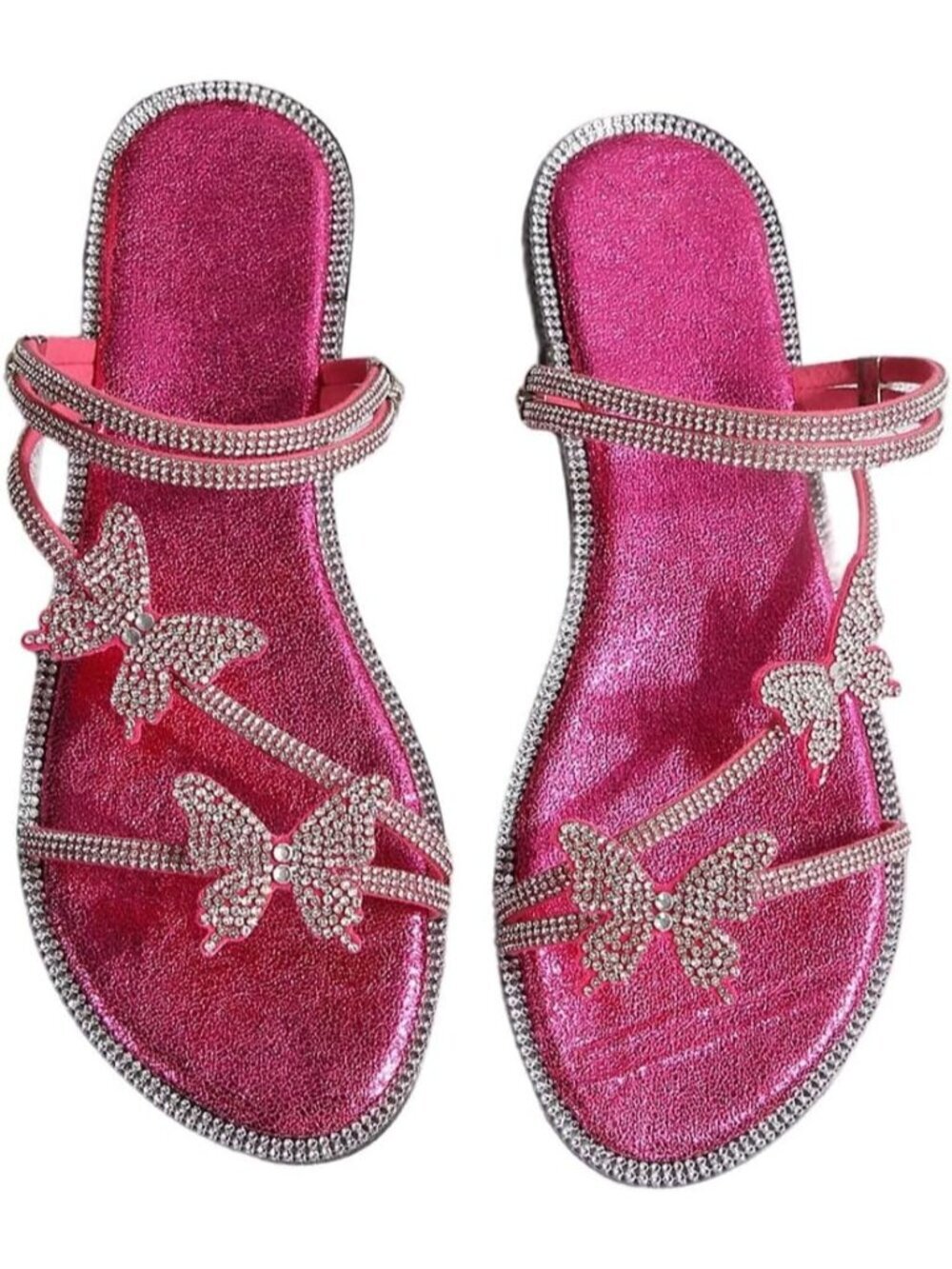 Women's Hot Pink Flat Loafers Sparkly Butterfly Strappy Open Toe Elegant Slides
